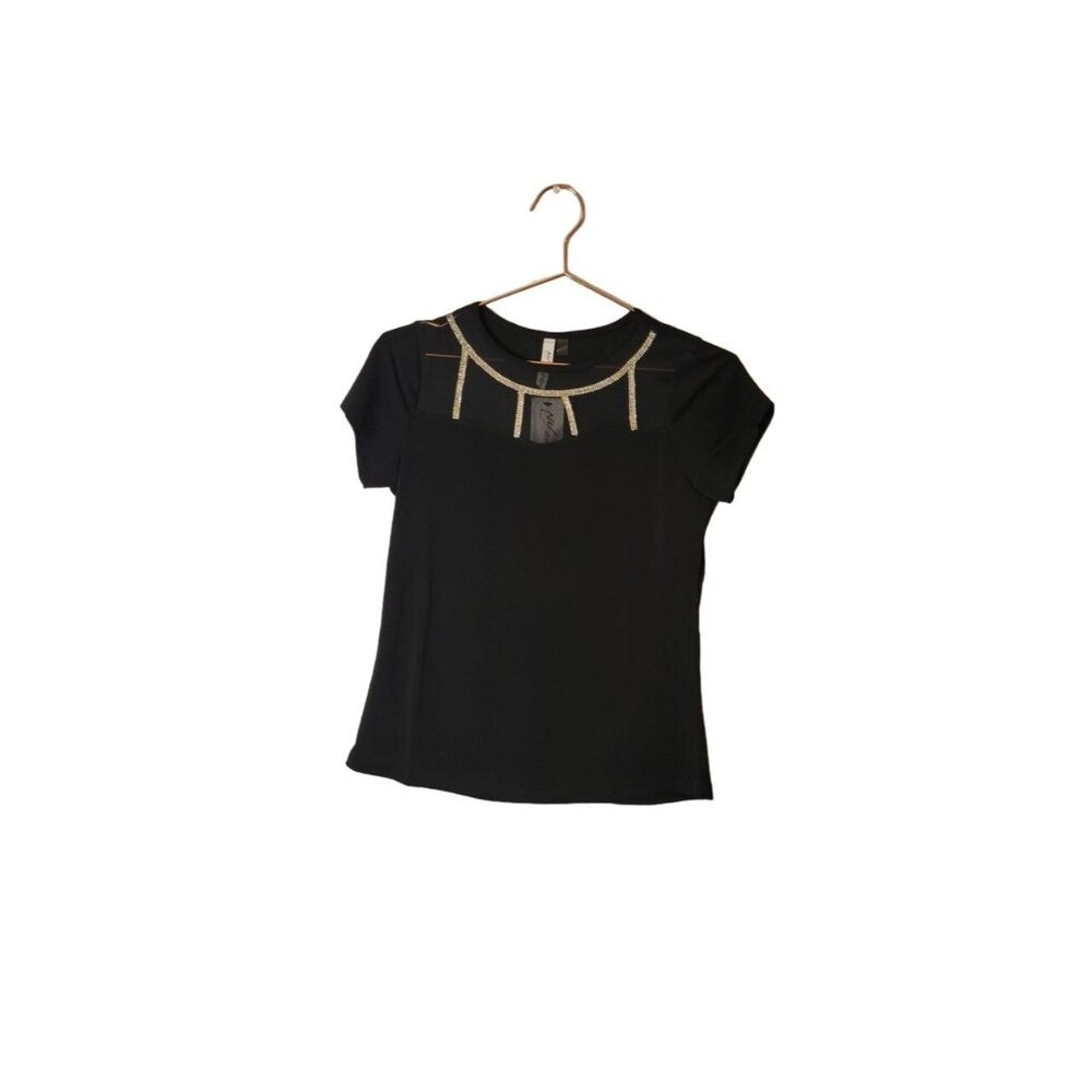 NY Collection Black Rhinestone Embellished Sheer Panel Top